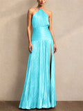 Women Metallic Pleated Halter Backless Slit Maxi Dress