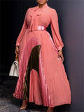 Women's Long Sleeve Tie Neck Pleated Maxi Dress With Belt