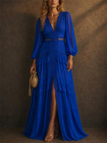 Women's V Neck Lantern Sleeve Split Big Hem Ruffle Maxi Dress