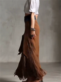 ‌Boho Style Demin Suede Patchwork Skirt for Women‌ with Fringe Hem