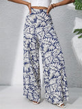 Women's Holiday Style Leaves Printed Chiffon High Waist Wide Leg Pants