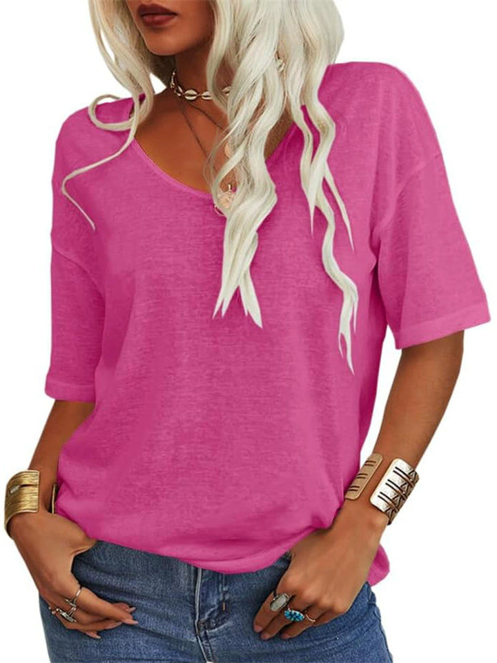 Women's Casual Simple Candy Color V Neck Short Sleeve Shirts