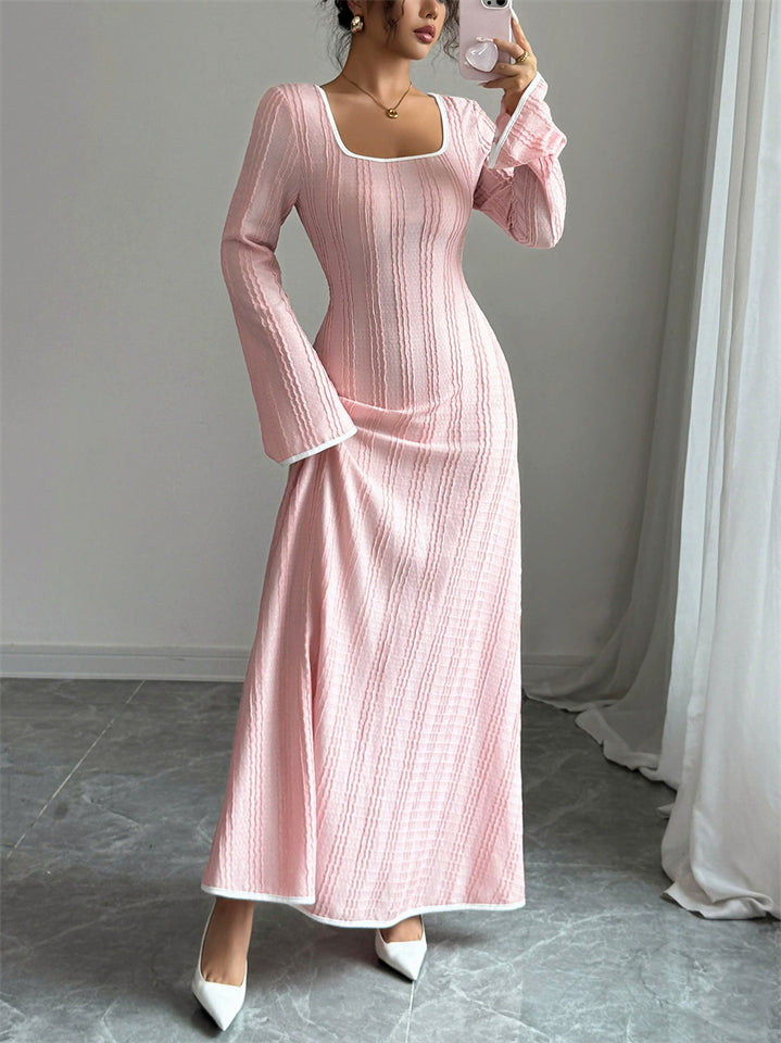 Spring Autumn Pink Contrast Trim Long Sleeve Maxi Dress for Women