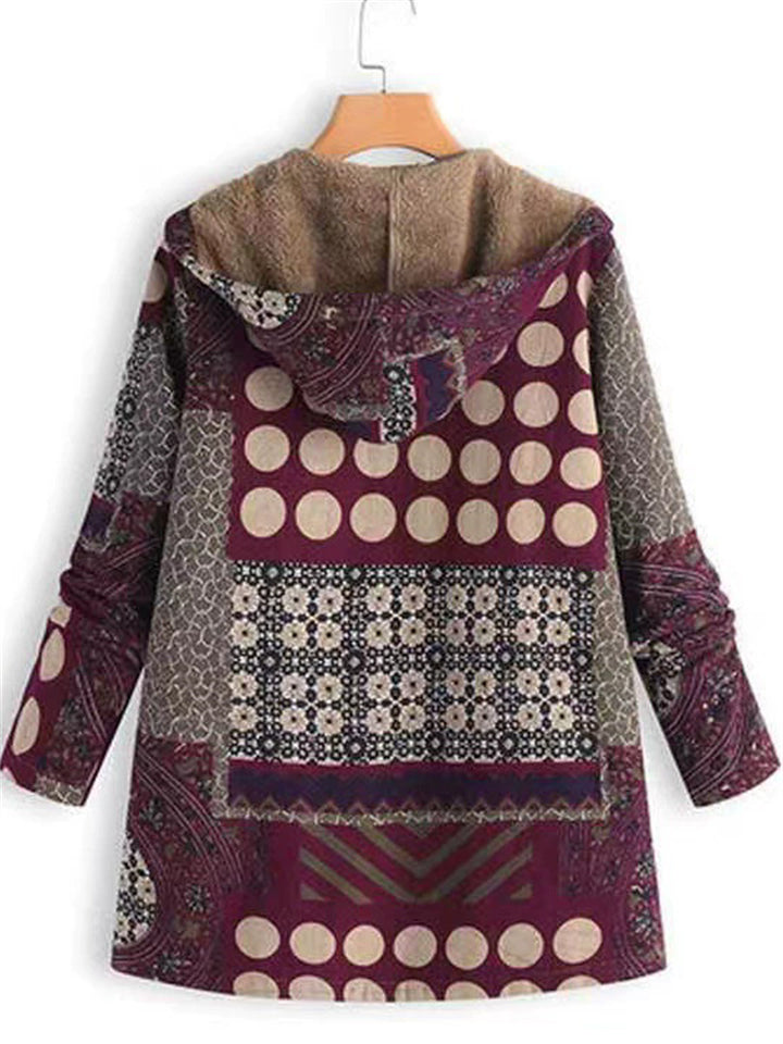 Women's Vintage Polka Dots Printed Contrast Color Fleeced Lining Hooded Coats