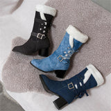 Women Warm Plush Lined Denim Buckle Lace-up Chunky Heel Mid-Calf Boots