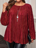 Women's Plus Size Vintage Pleated Round Neck Long-sleeved Blouses