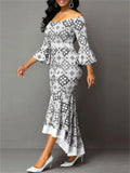 Women's Elegant Printed HIgh Waist Off-shoulder Asymmetric Hem Dress