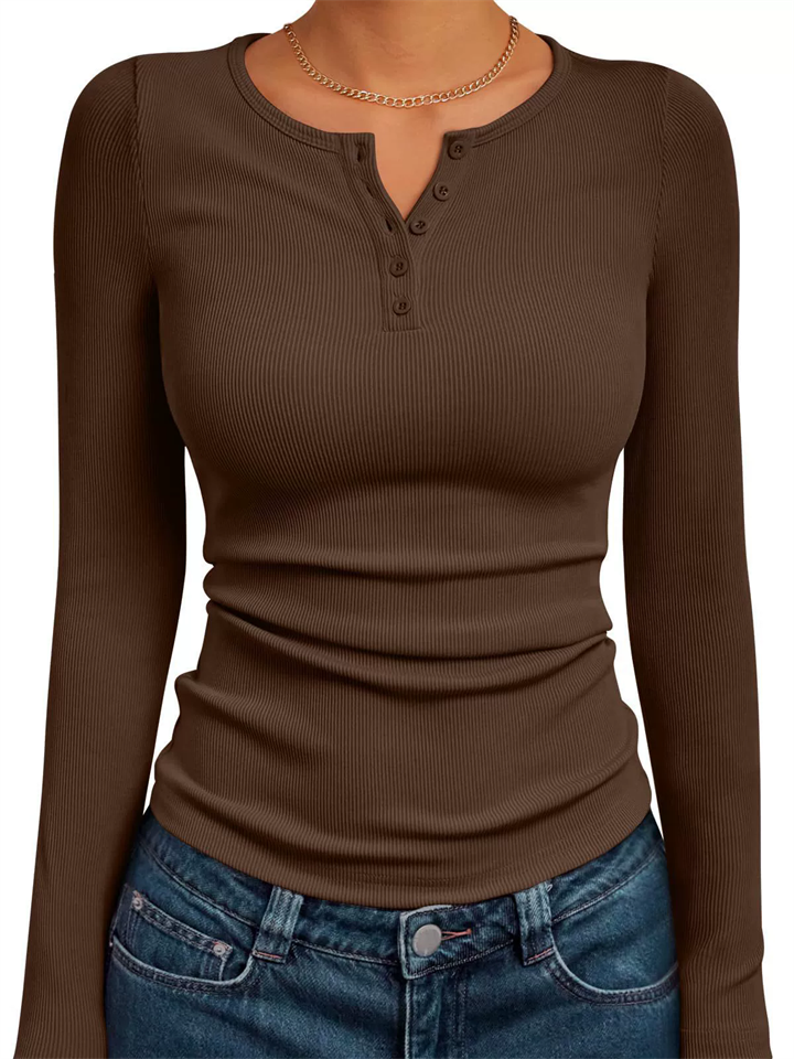 Women's Solid Color Striped Buttons Pullover Slim-fit Long Sleeve Shirts