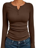 Women's Solid Color Striped Buttons Pullover Slim-fit Long Sleeve Shirts