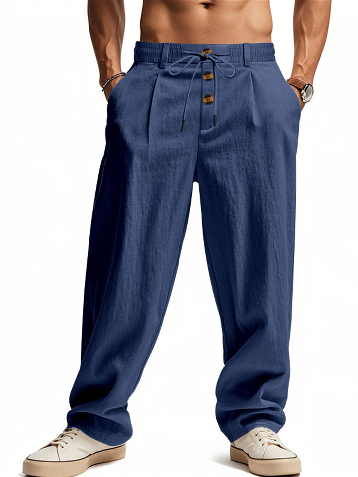 Men's Casual Linen Drawstring Button Loose Pants