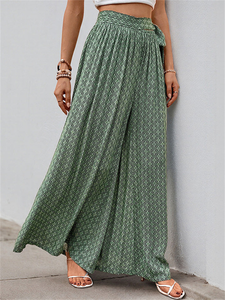 Summer Women's Holiday Style Print Tie-waist Wide Leg Pants