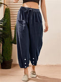 Women's Cotton Linen Buttoned Hem Pants with Pockets