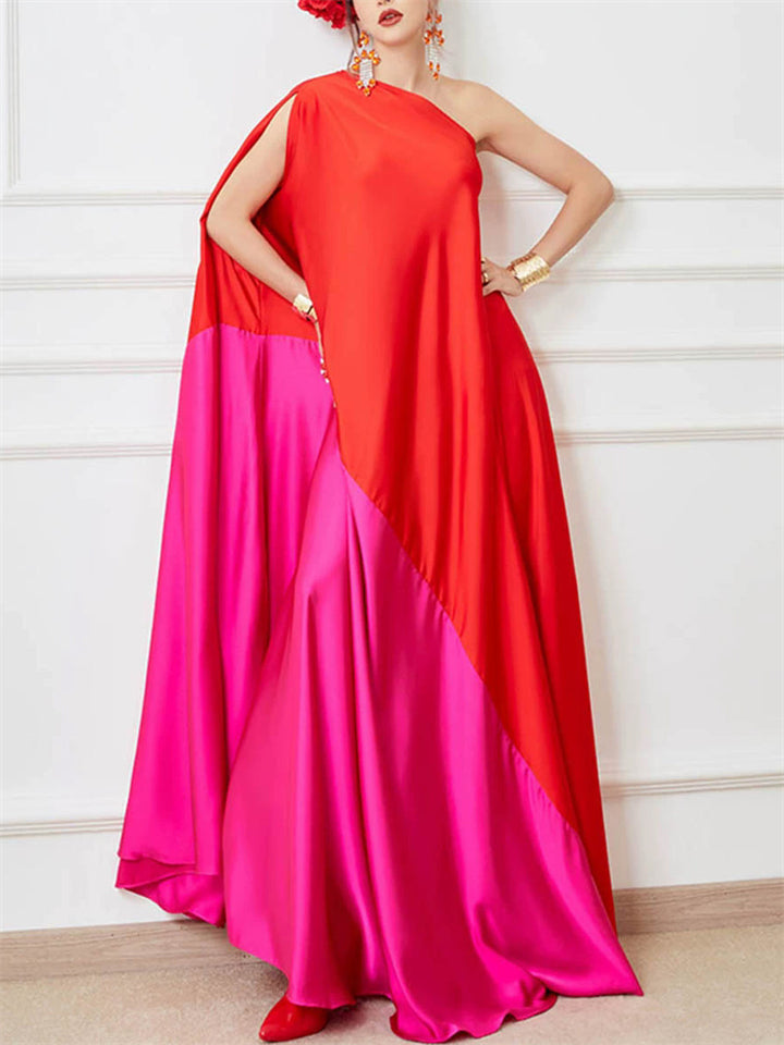 Women's Contrast color Asymmetric One-Shoulder Long Dress