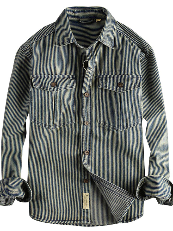Retro Men's Cotton Long Sleeve Stripe Cargo Shirt