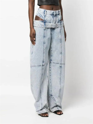 Ladies Hollow Out High-rise Wide Leg Jeans