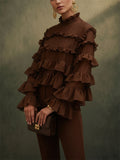 Women Ruffle Mock Neck Long Sleeve Chiffon Blouse