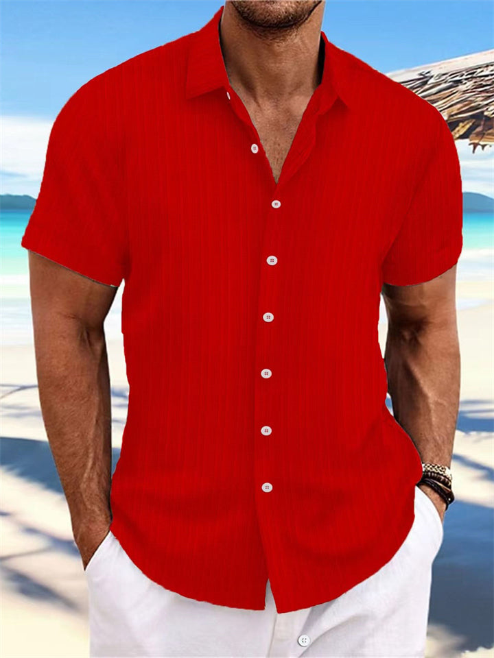 Men's Striped Texture Cotton Linen Short Sleeve Shirt