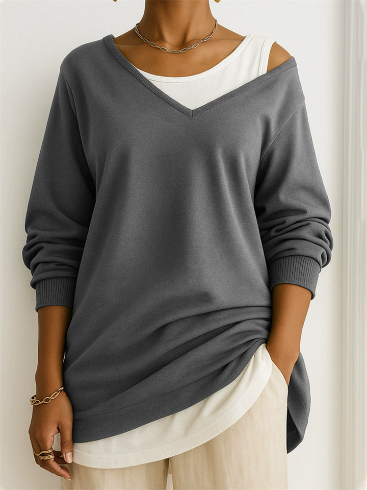 Women's Casual V-neck Long-sleeved Solid Color Pullover Loose Sweatshirts