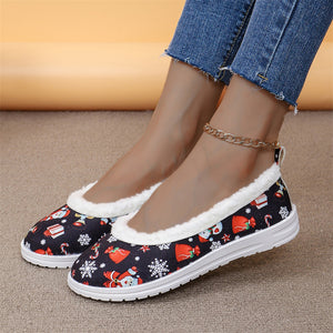 Women's Christmas Santa Claus Candy Print Furry Flat Loafers