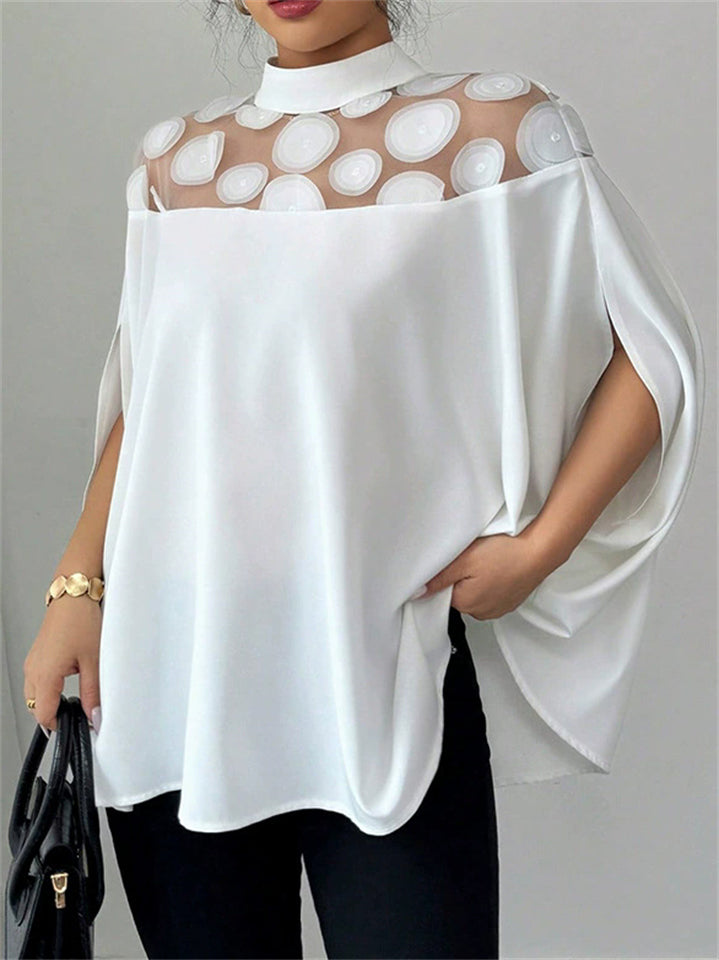 ‌White Polka Dot Mesh Panel Batwing Sleeve Top for Women