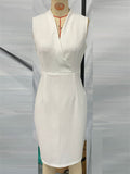 Women's Elegant Summer White Solid Color V Neck Sleeveless Slim Fit Dress