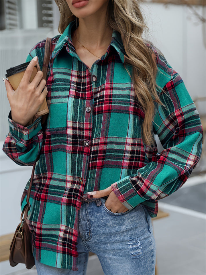 Women's Retro Contrast Color Green Plaid Lapel Long Sleeve Shirt