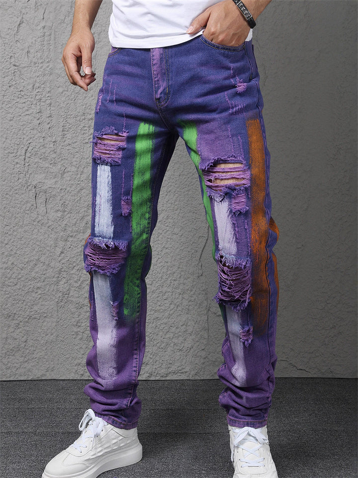 Men's Purple Color Block Distressed Patchwork Ripped Jeans