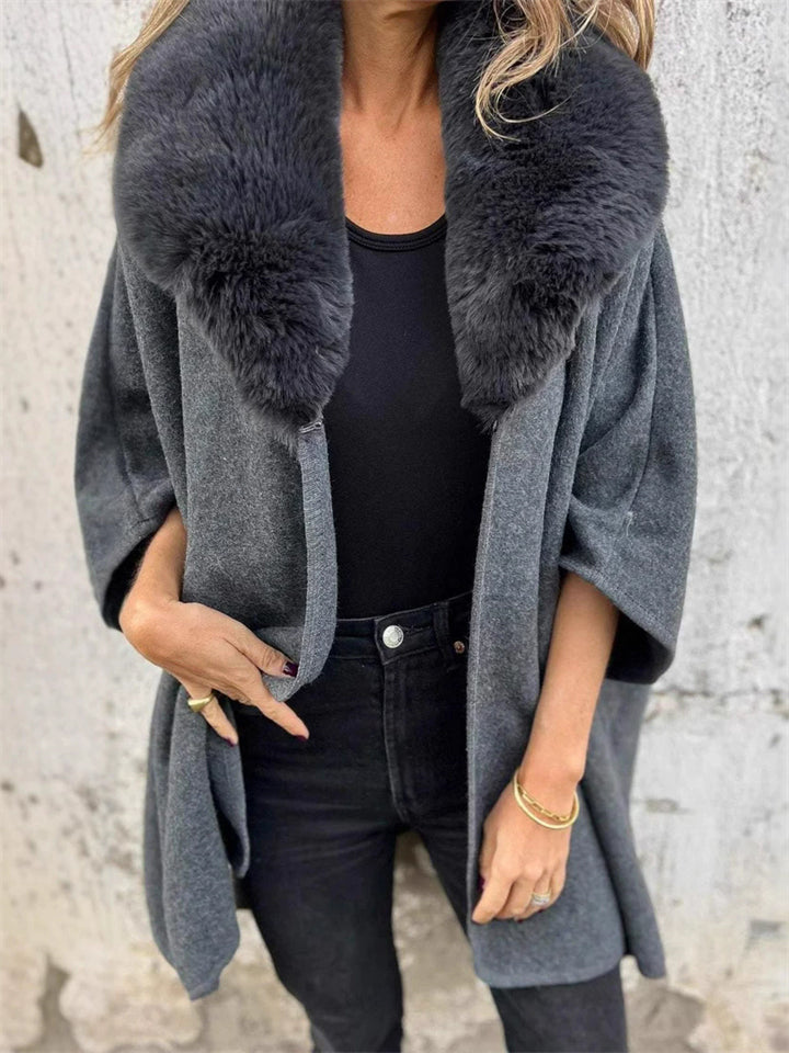 Ladies Autumn Loose Long-sleeved Faux Fur Collar Cloak Coats