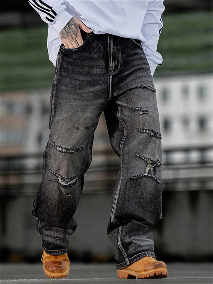 Men's Streetwear Loose Fit Distressed Washed Ripped Denim Jeans