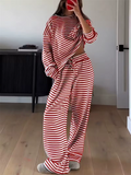 Women's Comfy Round Neck Striped Loose Fit Casual Top and Drawstring Pants Set