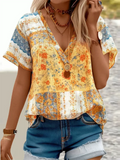 Summer V Neck Short Sleeve Floral Print Shirt for Women