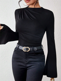 Women's Solid Color Pleated Flared Sleeve Stand Collar Slim Fit Shirt