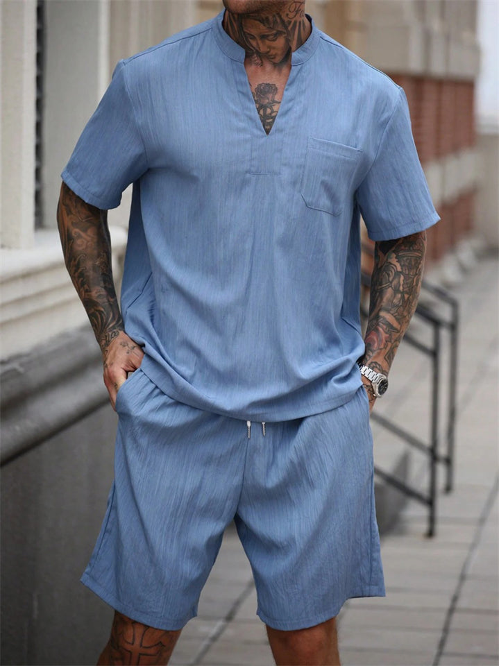 Men's 2Pcs Summer Solid Color V Neck Henley Shirts & Pants Set