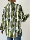 Women's Retro Casual Green Contrast Color Print Long Sleeve Blouses