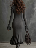 ‌Women's Sexy Zipper Long Sleeve Ruched Hem Knit Dress‌