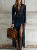 Autumn Chic Boho Style Printed Split Fringe Long Dress for Women
