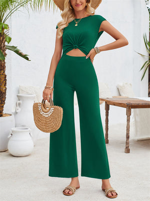 Stylish Hem Knot Design Round Neck Cap Sleeve Jumpsuit for Lady