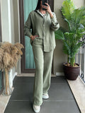 Women's 2Pcs Casual Solid Color Button Up Long Sleeve Shirt & Pants Set