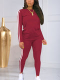 Women's Casual Side Striped Round Neck Long Sleeve Top and Fitted Pants Set