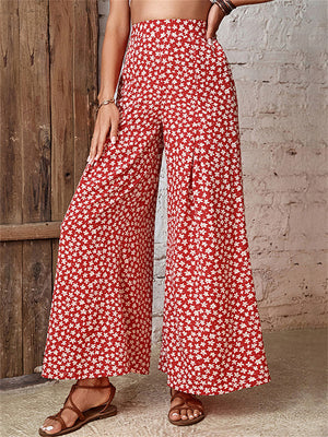 Women's Casual Mini White Flower Print Red Flared Pants