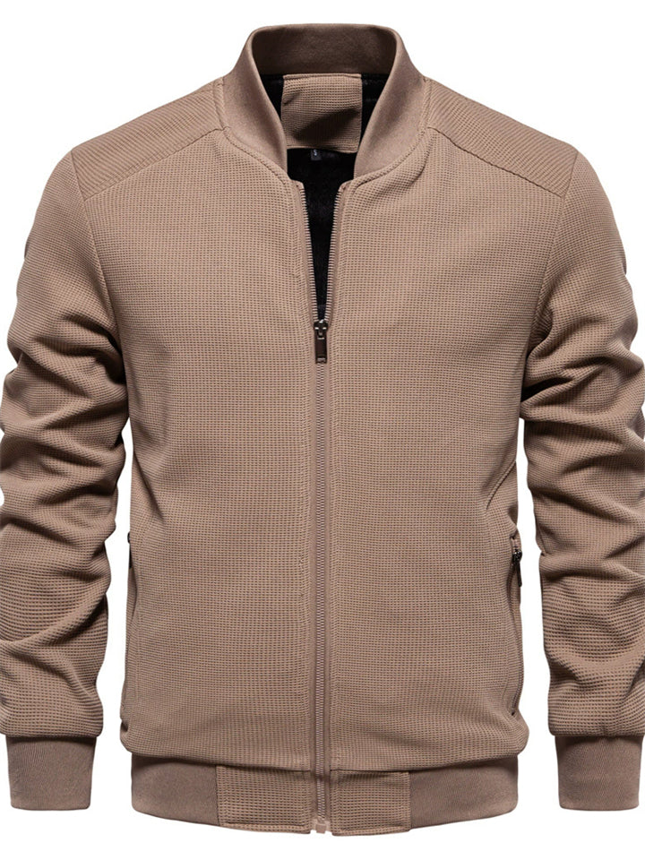 Men's Autumn Stand Collar Solid Color Waffle Zip Up Jackets