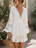 Womens White Boho Sun Print Bell Sleeve Mini Dress with Lace Trim