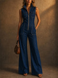Womens 70s Retro Sleeveless Zip Wide Leg Denim Jumpsuit