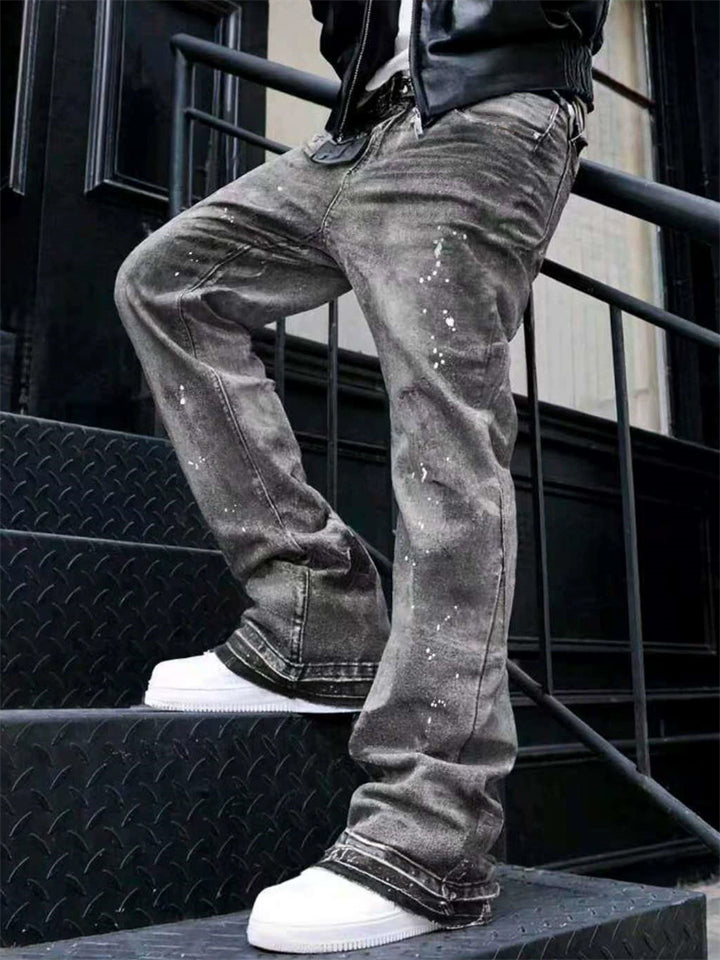 Men's Vintage Paint Splatter Distressed Stacked Flare Jeans