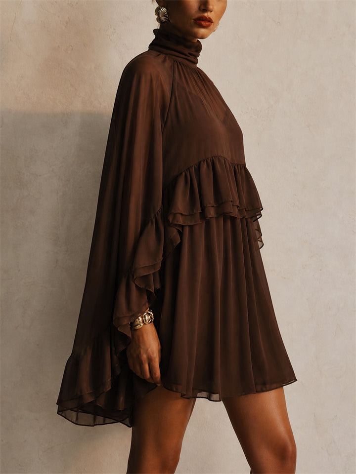 Women 2 Piece Chiffon High Neck Ruffle Mini Dress and Slip Set