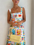 Female Sea Life Graffiti Printed Vacation Strappy Dress