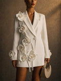 Ladies Elegant White Trendy 3D Flower Long Sleeve Suit Coat