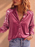 Women Sequin Velvet Button Down Long Sleeve Party Blouse