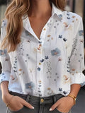 Women's Elegant White Printed Button Up Lapel Long Sleeve Blouses