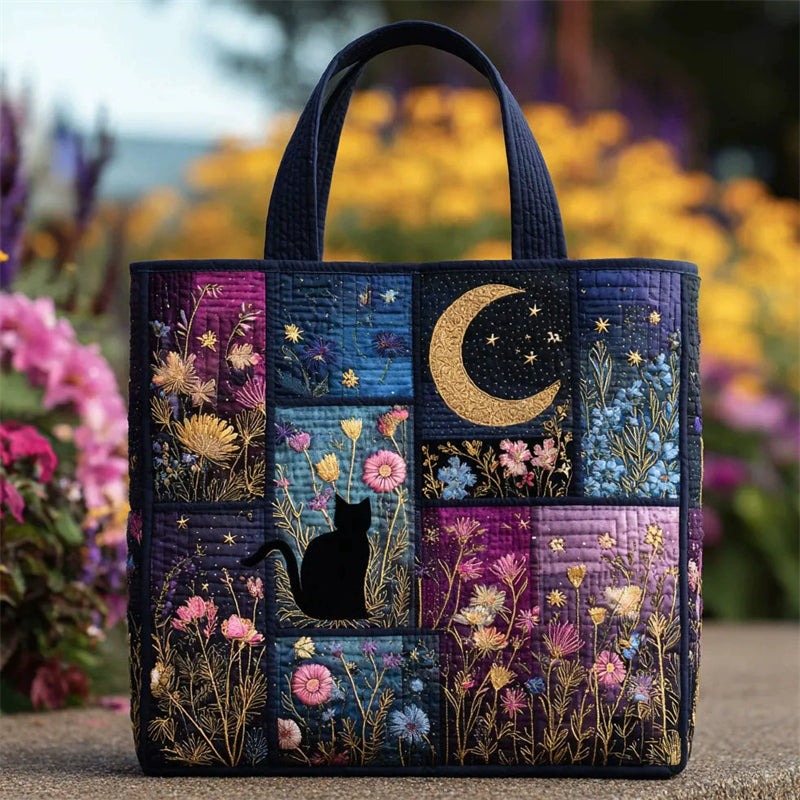 ‌Women's Quilted Floral Cat Moon Tote Bag
